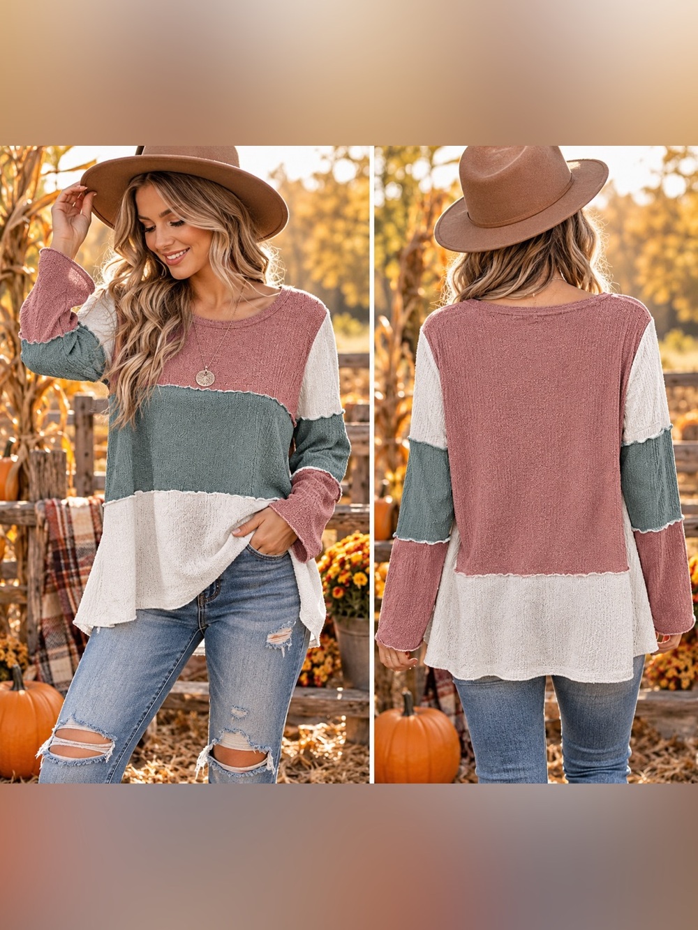 Colorblock Crewneck Pullover Sweater in Rose, Sage & Cream